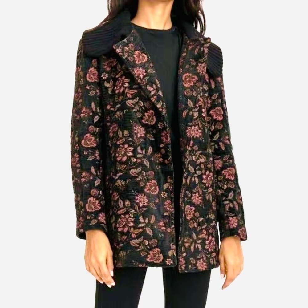 Something Navy Double Breasted Tapestry Coat |Black Pink Floral Size S NWT $275